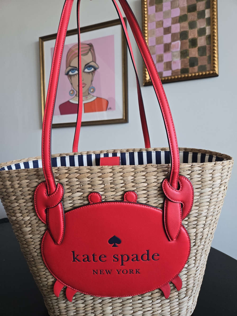Kate Spade Pinch Me Straw Crab Tote Bag Red Woven Raffia Large Beach Bag